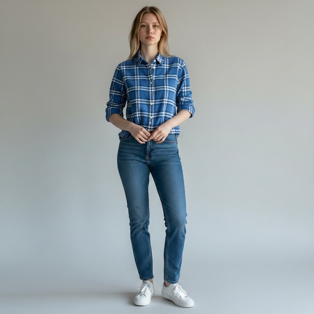 Lands End Blue Plaid Flannel Button Up Shirt  Women Size 12 Cotton‎